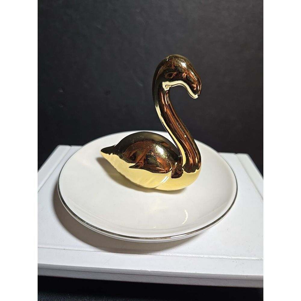 Vintage Golden Swan Sitting White Trinket Dish with Gold Trim
